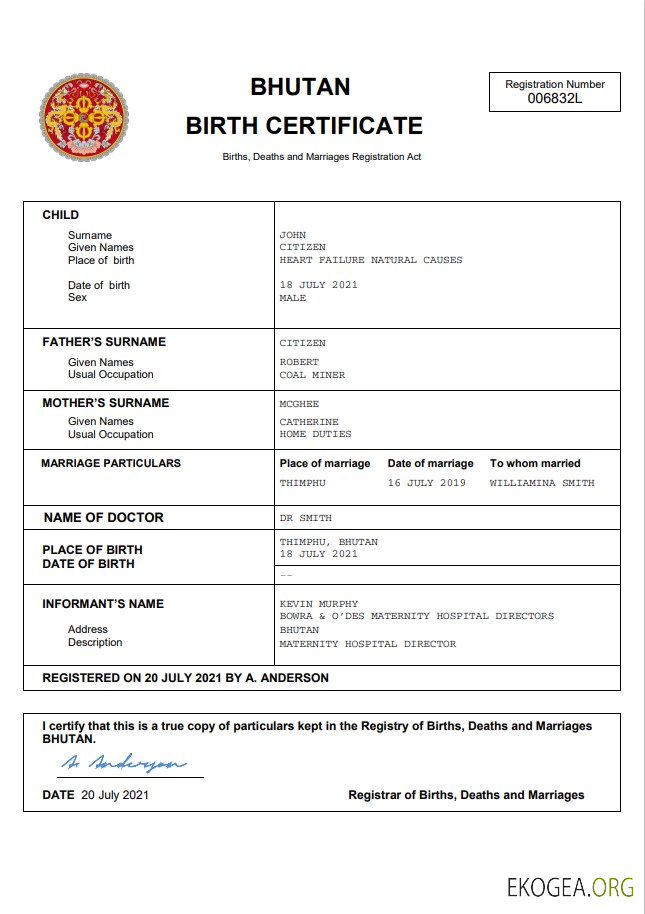 Modèle Word et PDF d'acte de naissance d'acte d'état civil du Bhoutan